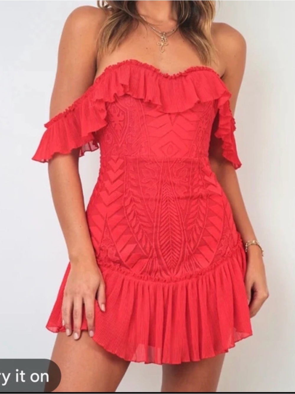 One-Shoulder Red Ruffle Mini Dress - Picture 5 of 5
